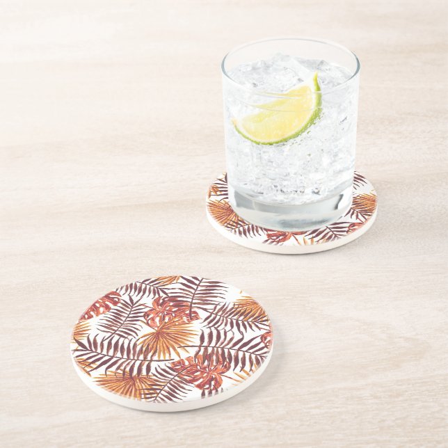 Tropical Orange Brown Palm Leaves Watercolor Art Coaster (Side)