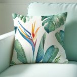 Tropical Orange Flower Botanicals and Greenery Throw Pillow<br><div class="desc">My pillows features a replica of my original hand painted watercolor tropical foliage and florals in shades of greens and blues and a pop of orange in the bird of paradise flower. A botanical yet organic choice for summer, vacation and beach homes. To see more palm leaves designs by Victoria...</div>