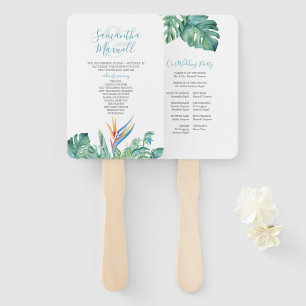Tropical Orange Flower Palm Leaves Wedding Program Hand Fan