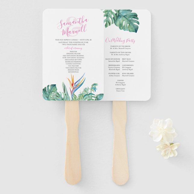 Tropical Orange Flower Wedding Program Fan (Front and Back)