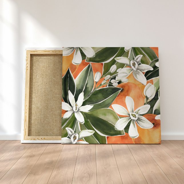 Tropical Orange & Flowers Watercolor Pattern Canvas Print (Creator Uploaded)