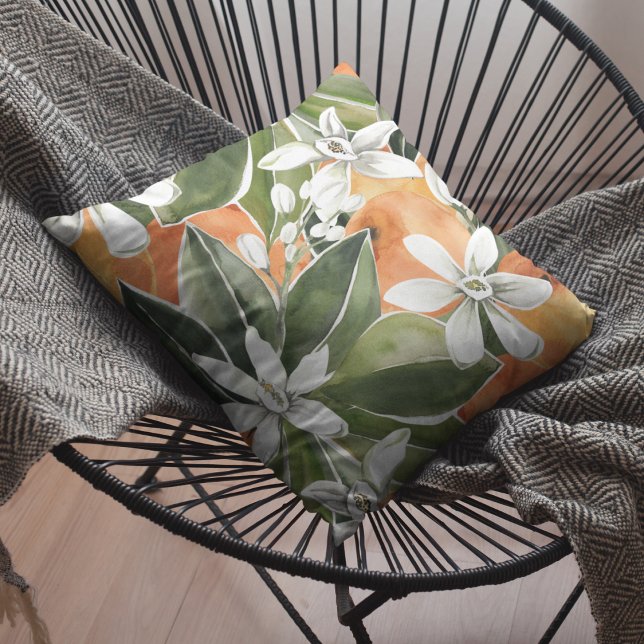 Tropical Orange & Flowers Watercolor Pattern Outdoor Pillow (Creator Uploaded)