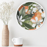 Tropical Orange & Flowers Watercolor Pattern Round Clock<br><div class="desc">Tropical Orange & Flowers Watercolor Pattern</div>