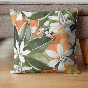 Tropical Orange & Flowers Watercolor Pattern Throw Pillow