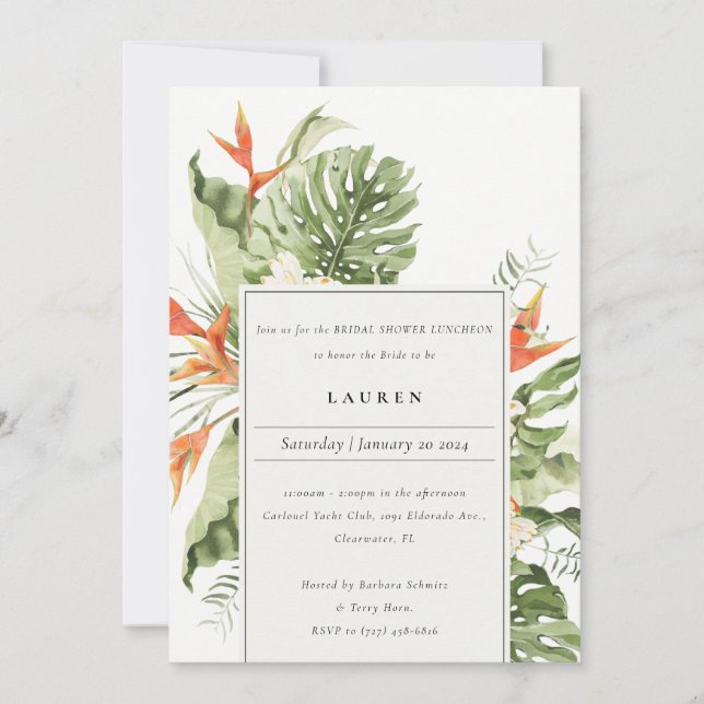 Tropical Orange Green Botanical Bridal Shower Invitation (Front)