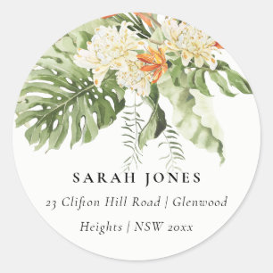 Tropical Orange Green Leafy Botanical Address Classic Round Sticker