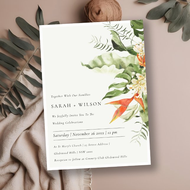 Tropical Orange Green Leafy Botanical Wedding Invitation (Creator Uploaded)