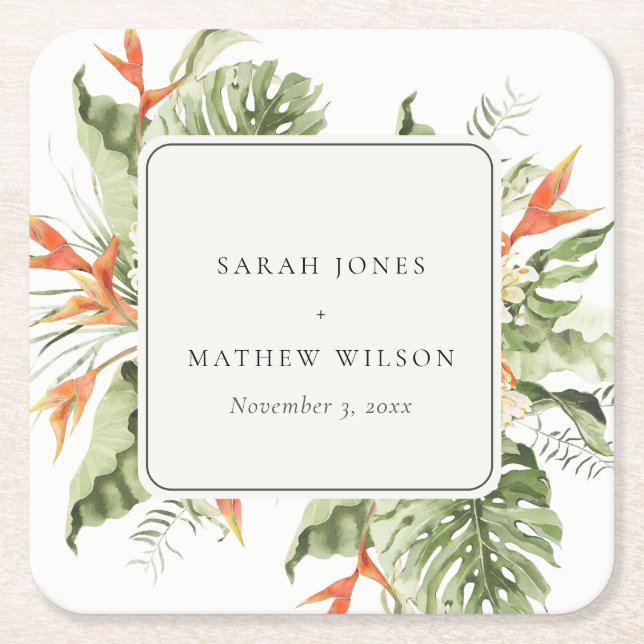 Tropical Orange Green Leafy Botanical Wedding Square Paper Coaster (Front)