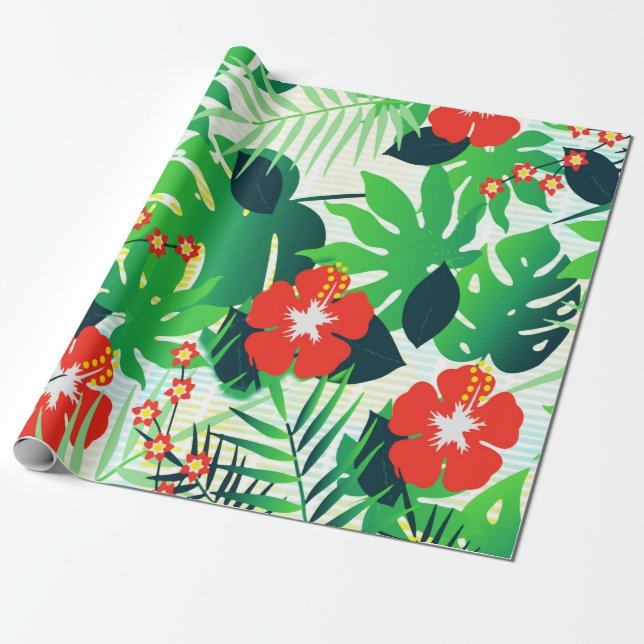 Tropical Orange Hibiscus Green Monstera Leaves Wrapping Paper (Unrolled)