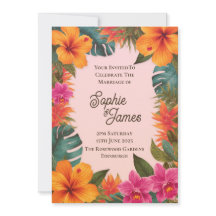 Tropical Orange Pink Hibiscus Floral Wedding Invit
