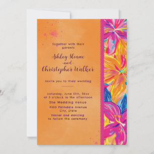 Tropical Orange Pink Watercolor Floral Wedding Invitation