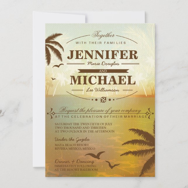 Tropical Orange Scenic Beach Wedding Invitations (Front)