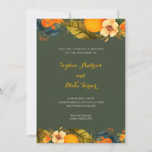 Tropical Oranges and Flowers Green Wedding Invitation