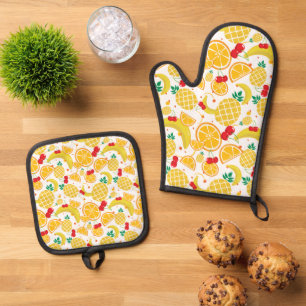 Tropical Oranges, Pineapple, Banana, Cherries  Oven Mitt & Pot Holder Set