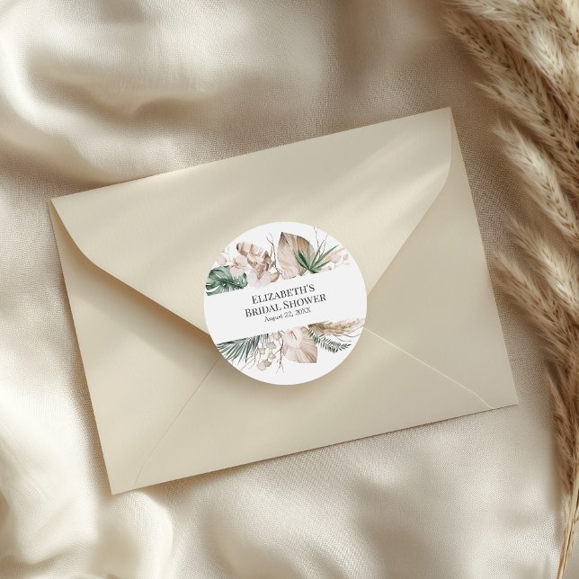 Tropical Orchid and Monstera Bridal Shower Classic Round Sticker (Tropical Orchid and Monstera Bridal Shower Classic Round Sticker on an elegant envelope.)
