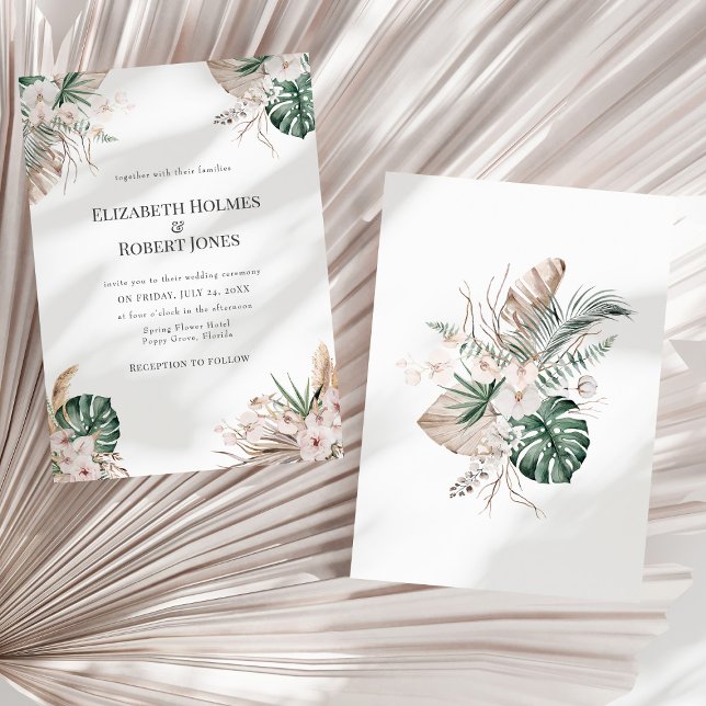 Tropical Orchid and Monstera Wedding Invitation (Tropical Orchid and Monstera Wedding Invitation on a sunny white dry palm leaf.)