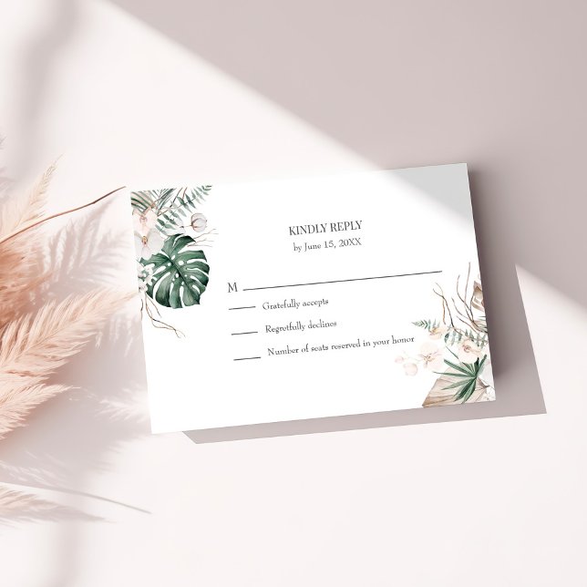 Tropical Orchid and Monstera Wedding RSVP Card (Tropical Orchid and Monstera Wedding RSVP Card on a sunny white table.)