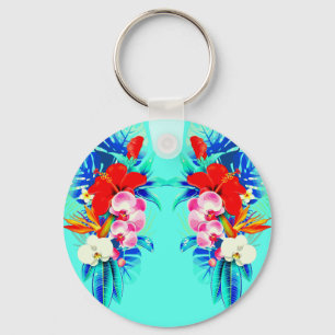 Tropical orchid and palm leaves Hawaiian floral Keychain