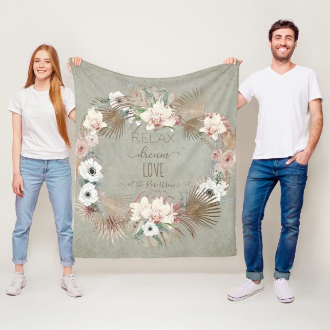 Tropical Orchid Floral Boho Bohemian Family Name Fleece Blanket (In Situ)