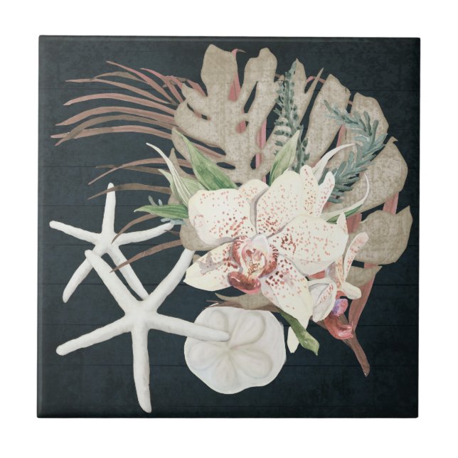 Tropical Orchid Floral Navy Beach Ocean Seashells Tile (Front)