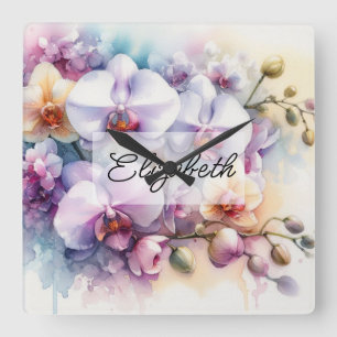 Tropical orchid flowers floral watercolor and name square wall clock