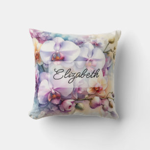 Tropical orchid flowers floral watercolor and name throw pillow