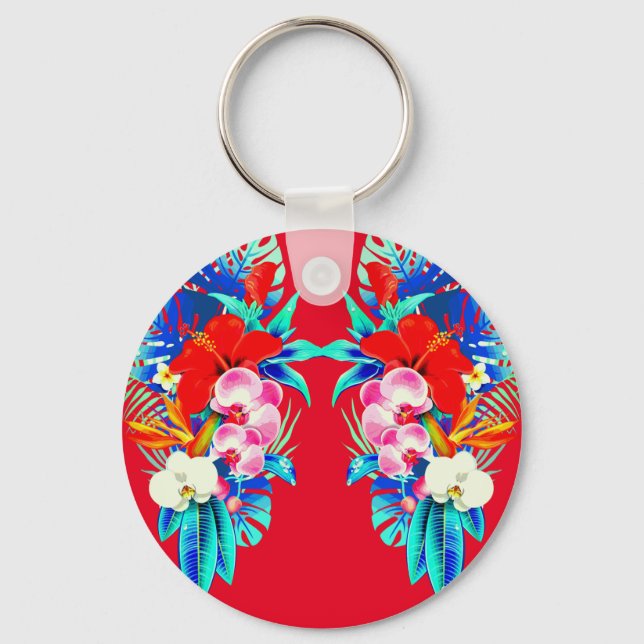 Tropical orchid monstera Hawaiian floral blue red Keychain (Front)