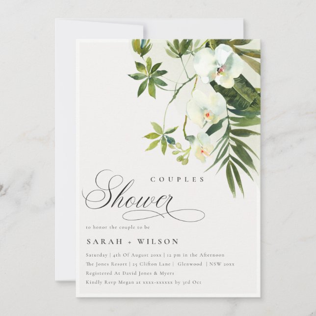 Tropical Orchid Palm Fauna Couples Shower Invite (Front)