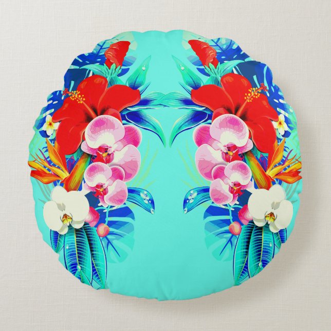 Tropical orchid palm monstera floral teal blue red round pillow (Front)
