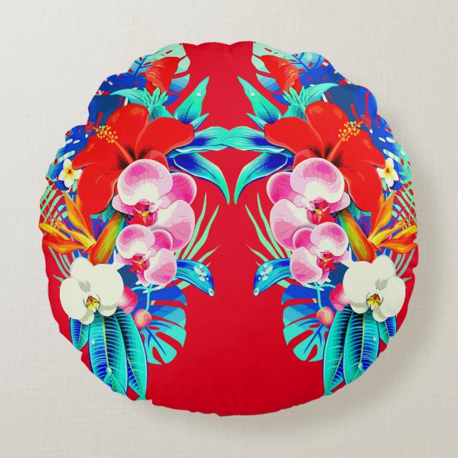 Tropical orchid palm monstera Hawaiian floral red Round Pillow (Front)