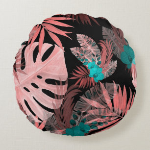 Tropical Orchid Watercolor Seamless Pattern Round Pillow
