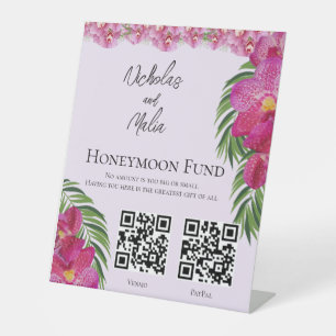 Tropical Orchid Wedding QR Code Honeymoon Fund Pedestal Sign