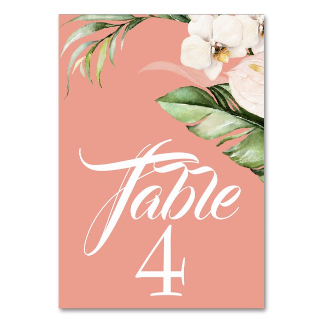 Tropical Orchids and Palm on Coral Table Number (Front)
