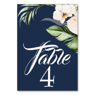 Tropical Orchids and Palm on Navy Blue Table Number