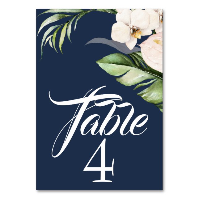 Tropical Orchids and Palm on Navy Blue Table Number (Front)