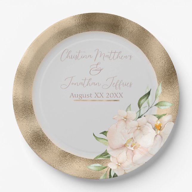Tropical Orchids and Plumeria Flowers on Gold Paper Plate (Front)