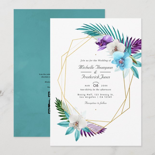 Tropical Orchids Geometric QR Code RSVP Wedding Invitation (Front/Back)