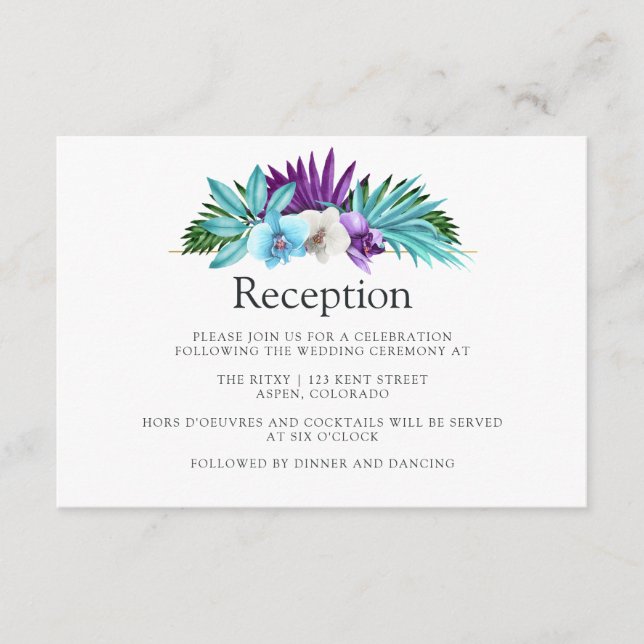 Tropical Orchids Geometric Wedding Reception Enclosure Card (Front)