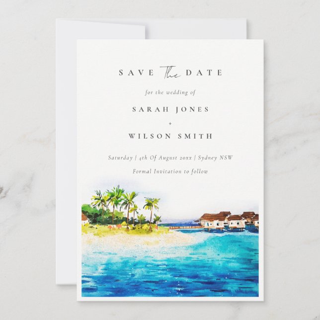 Tropical Overwater Villa Seascape Beach Palm Trees Save The Date (Front)