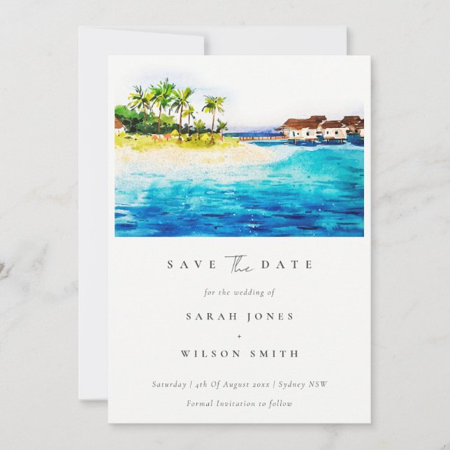 Tropical Overwater Villa Seascape Beach Palm Trees Save The Date (Front)
