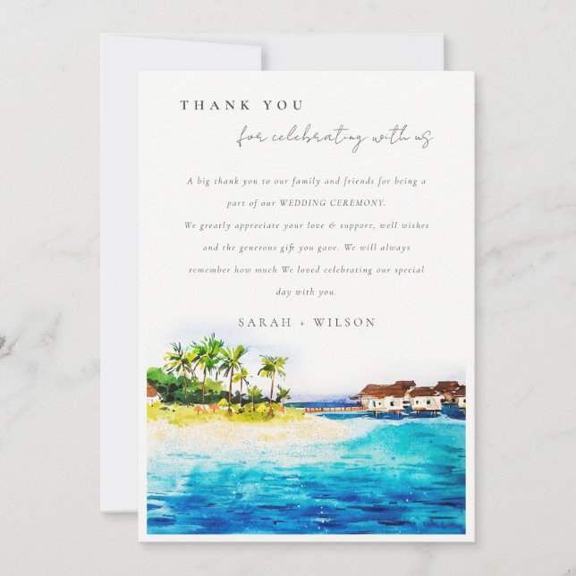 Tropical Overwater Villa Seascape Beach Wedding Thank You Card (Front)