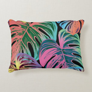 Tropical painted monstera leaves colourful on blac accent pillow