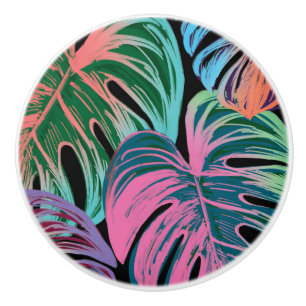 Tropical painted monstera pink green blue black ceramic knob