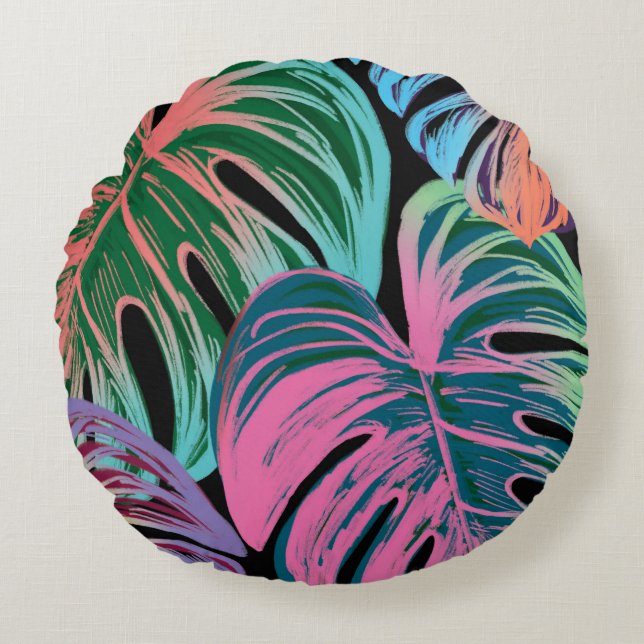 Tropical painted palm leaves round pillow (Front)