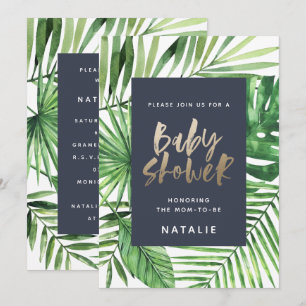 Tropical palm and gold script baby shower invite