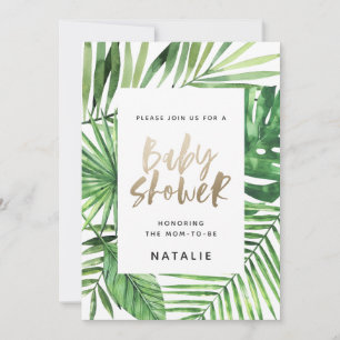 Tropical palm and gold script baby shower invite