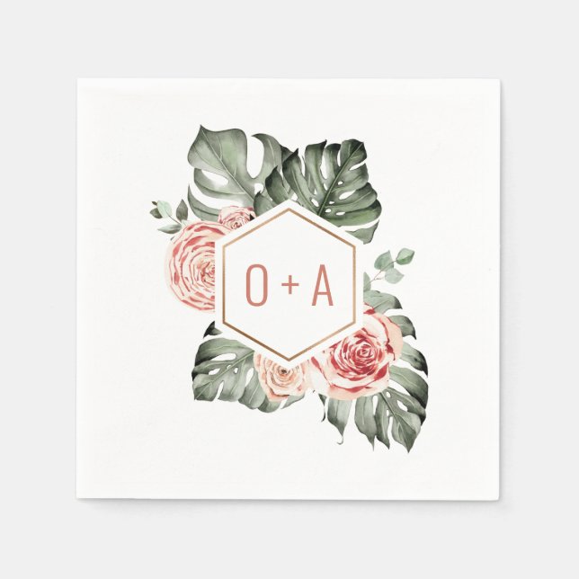 Tropical Palm and Roses Wedding Monogram Napkin (Front)