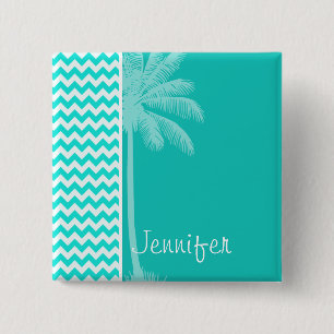 Tropical Palm; Aqua Colour Chevron 2 Inch Square Button