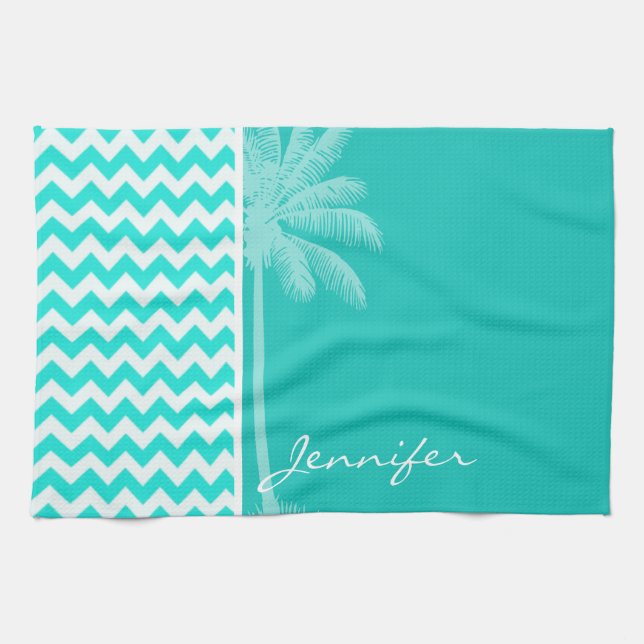 Tropical Palm; Aqua Colour Chevron Kitchen Towel (Horizontal)