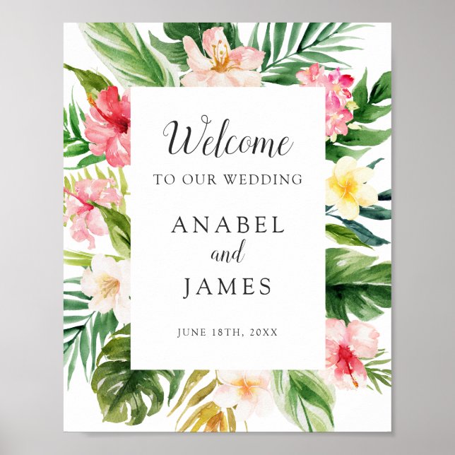 Tropical Palm Banana Leaf Blush Floral Welcome Poster (Front)